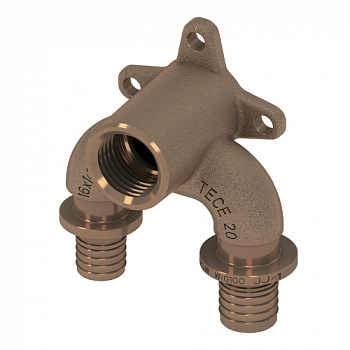 ТЕСЕ 708606 Тройник угловой редукционный с настенным креплением TECEflex 16xRp1/2"x20, закругленный, с низким падением давления, бронза
