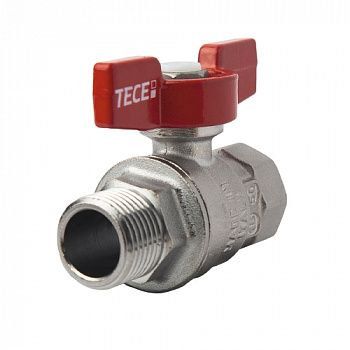 Кран шаровой полнопроходной. Резьба внутренняя/наружная, хромированный, ручка - бабочка красная.